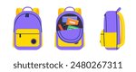 Set of childish school backpacks and schoolbags of front and side view sides. Open kids bag with stationery, notebooks and textbooks. Closed student backpack. Vector illustration