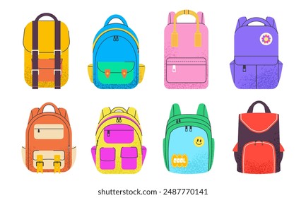 Conjunto de mochilas y mochilas escolares infantiles. Bolso de los niños de color vibrante con textura. Colección cerrada de la mochila del estudiante. Ilustración vectorial