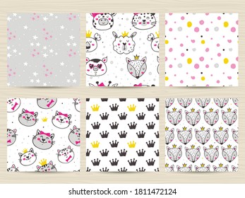 Set of Childish seamless pattern with cute cats, foxes, llamas and koalas. Perfect for kids apparel, textile, nursery decoration and wrapping paper