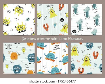 Set of childish seamless pattern with funny monsters. Perfect for kids apparel, textile, nursery decoration and wrapping paper
