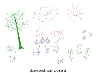 Set of childish vector doodles for your spring or summer design