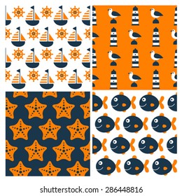 set of childish vector nautical seamless patterns