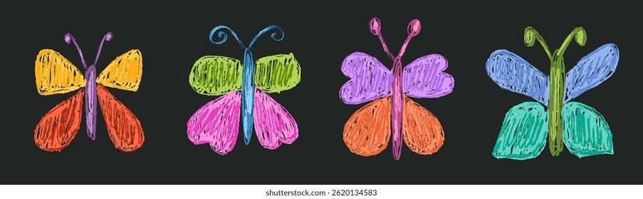 Set of childlike butterfly with color wings drawn with textured crayon or chalk brush