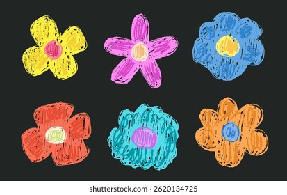 Set of childlike flowers in bloom drawn with textured crayon brush
