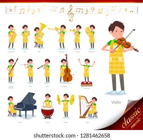 A set of Childminder man on classical music performances.There are actions to play various instruments such as string instruments and wind instruments.It's vector art so it's easy to edit.