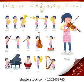 A set of Childminder women on classical music performances.There are actions to play various instruments such as string instruments and wind instruments.It's vector art so it's easy to edit.