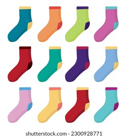 set of children and adult unisex socks. colorful bright socks. flat simple cartoon objects.