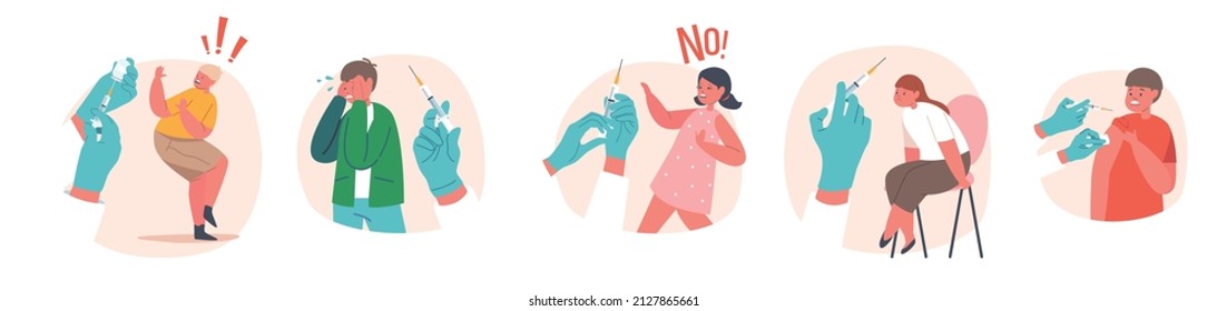 Set Children Afraid of Vaccination Concept. Little Kids Boys and Girls Characters Crying, Protecting from Doctor Holding Syringe with Needle and Drug, Say No. Cartoon People Vector Illustration