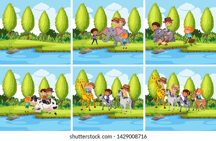 Set of children and animal in nature landscape illustration