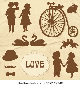 Set of  children, animals and  vintage elements silhouettes