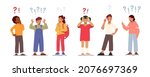 Set of Children Asking Questions, Searching Information, Schoolgirls and Schoolboys Characters with Question and Exclamation Marks over Head. Students Idea, Curiosity. Cartoon Vector Illustration
