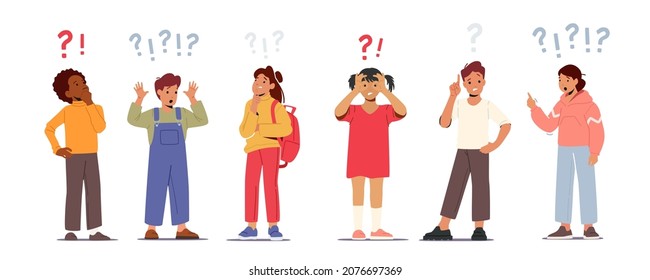 Set of Children Asking Questions, Searching Information, Schoolgirls and Schoolboys Characters with Question and Exclamation Marks over Head. Students Idea, Curiosity. Cartoon Vector Illustration