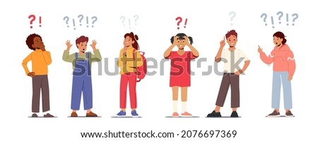Set of Children Asking Questions, Searching Information, Schoolgirls and Schoolboys Characters with Question and Exclamation Marks over Head. Students Idea, Curiosity. Cartoon Vector Illustration