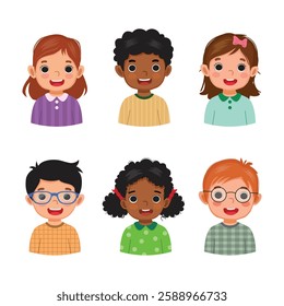 Set of children avatars boys and girls with different ethnic and hairstyle