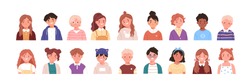 Set De Avatare Pentru Copii. Pachet De Fețe Zâmbitoare Ale Băieților și Fetelor Cu Coafuri Diferite, Culori Ale Pielii și Etnii. Ilustrație Vectorială Plată Colorată Izolată Pe Fundal Alb