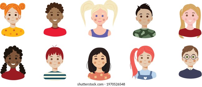 Set of children avatars. Bundle of smiling faces of boys and girls with different hairstyles, skin colors and ethnicities. Colorful flat vector illustration isolated on white background