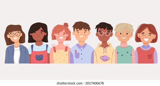Set of children avatars. Bundle of smiling faces of boys and girls with different hairstyles, skin colors and ethnicities. Colorful flat vector illustration isolated on white background