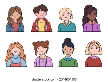 Set of children avatars. Bundle of smiling faces of boys and girls with different hairstyles, skin colors and ethnicities. Colorful flat vector illustration isolated on white background