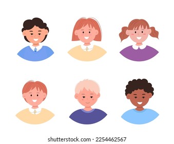 Set of children avatars. bundle of smiling faces of boys and girls with different hairstyles, skins