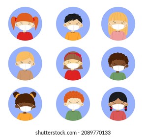Set of children avatars. Collection of hand drawn kids wearing medical face masks. Boys and girls of different ethnicity. 