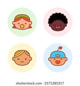 Set of children avatars with different emotions. Multi ethnicity children. Preschool age children portraits. Funny avatars for children. Babies with pacifiers. Vector cartoon illustration