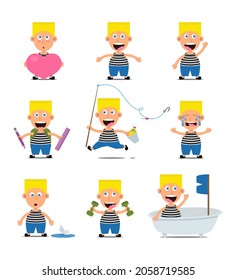 Set of children avatars, icon on white background.  Cute cartoon little boy in sailor striped vest. Colorful flat vector illustration