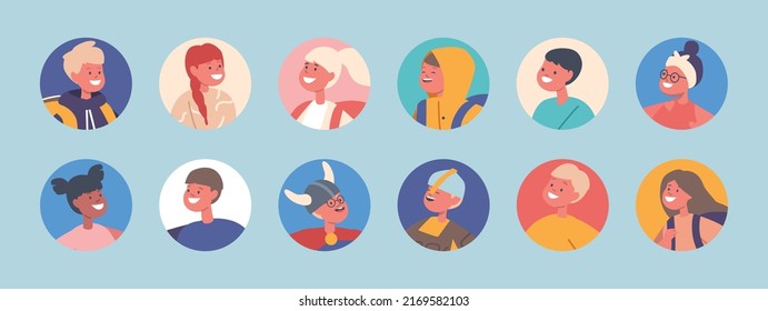 Set of Children Avatars, Kids Male and Female Characters, Kids Wear Viking Costumes and Casual Clothes. Baby Portraits for Web Design. Cartoon People Vector Illustration, Isolated Round Icons