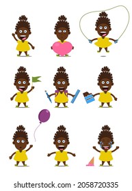 Set of children avatars on white background. Cute cartoon little afro american girl in yellow dress with curly black hair. Colorful flat vector illustration