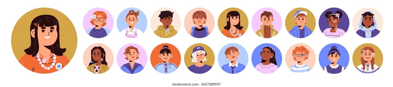 Set of children avatars with round shape. Colored circles with portraits of diverse happy kids. Cute faces of little boys and girls smiling. Flat isolated vector illustrations on white background