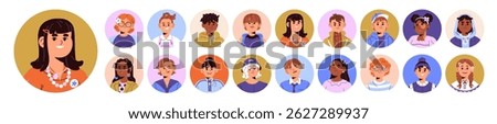 Set of children avatars with round shape. Colored circles with portraits of diverse happy kids. Cute faces of little boys and girls smiling. Flat isolated vector illustrations on white background
