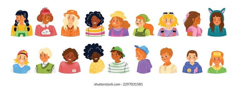 Set of children avatars. Stickers with multiracial kids or babys in colorful clothes. Portraits of different nationalities boys and girls. Cartoon flat vector collection isolated on white background