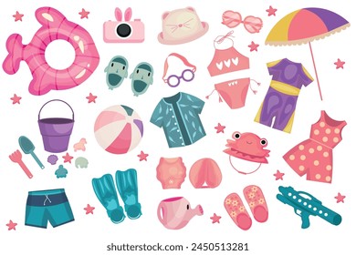 Set of children beach accessories on white background