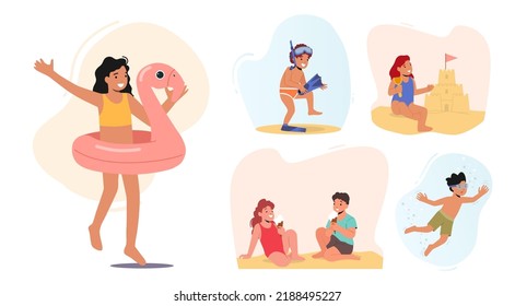 Set of Children Beach Activities and Fun. Little Boys and Girls Building Sand castle Swimming in Sea, Eating Ice Cream. Kids Characters Playing and Relax Outdoors. Cartoon People Vector Illustration