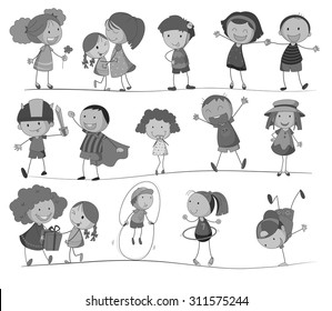 Set of children in black and white illustration