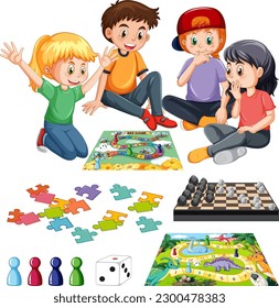 Set of children and board game illustration