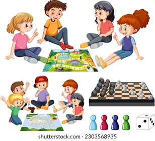 Set of children and board game illustration