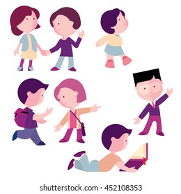 set of children, boys and girls, for different actions, flat illustration