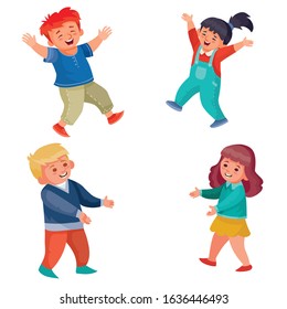 set of children boys and girls they dance and have fun, isolated object on a white background,