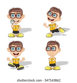 Set of children bring magnifying glass, running, smile and sad vector illustration