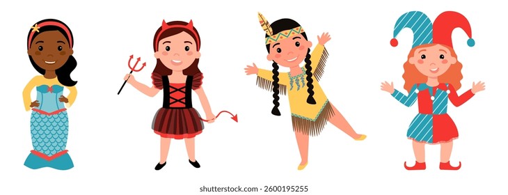 Set of children in carnival costumes. Girls dressed as a mermaid, a joker, an American Indian , a devil. Carnival, children's party. Vector illustration on a white background.