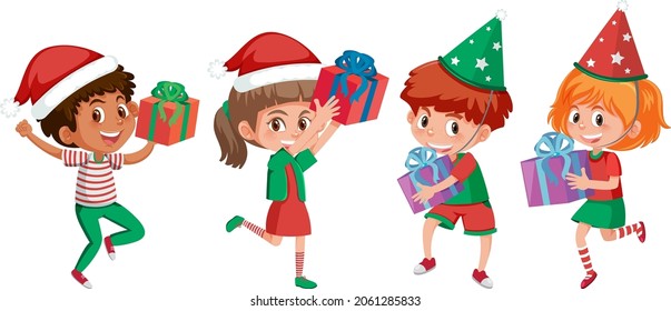 Set of a children cartoon character holding a their gift box in Christmas theme illustration