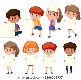 Set of children cartoon character holding banner illustration