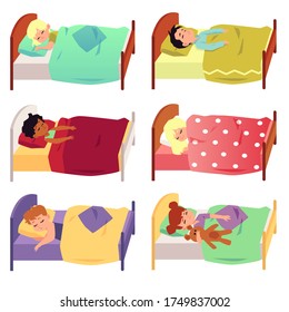 Set of children cartoon characters sleeping in bed under blanket, flat vector illustration isolated on white background. Sweet dreams and good night images collection.