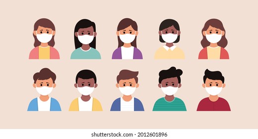 Set of children cartoon. collection of boys and girls wearing medical mask to prevent disease, flu, air pollution, contaminated air, world pollution.