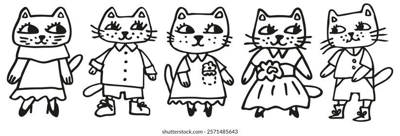 Set of children cats. Cartoon animals dressed in dress, shoes. Cute hand-drawn cat in boots. Doodle pet collection. Outline black and white characters for baby design. Clip art funny friendly kittens.