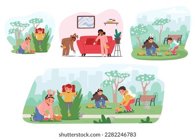 Set Children Character Eagerly Hunt Colorful Easter Eggs, Running Through The Grass And Searching Every Nook And Cranny. Funny Excited Memorable Holiday Moments. Cartoon People Vector Illustration
