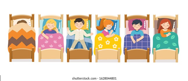 Set of Children character lying in different postures during night slumber. Boys and girls sleeping in bed in various poses. Bedtime and rest. vector illustration.