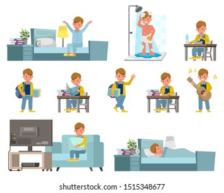 Set of children character vector design. Presentation in various action with emotions, running, standing and walking. Kids Daily Routine Activities.