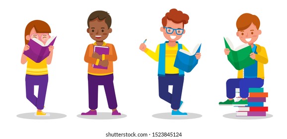 Set of children character vector design. kids studying and learning together. Boys and girl reading books. 
