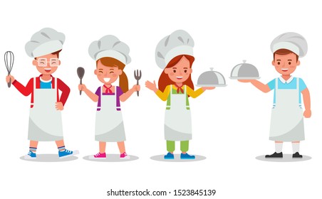Set of children character vector design. Kid chef are preparing food.